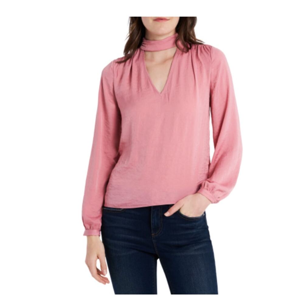 1.STATE Mock Neck Cutout Blouse Heirloom Pink Long Sleeve Size L NWT